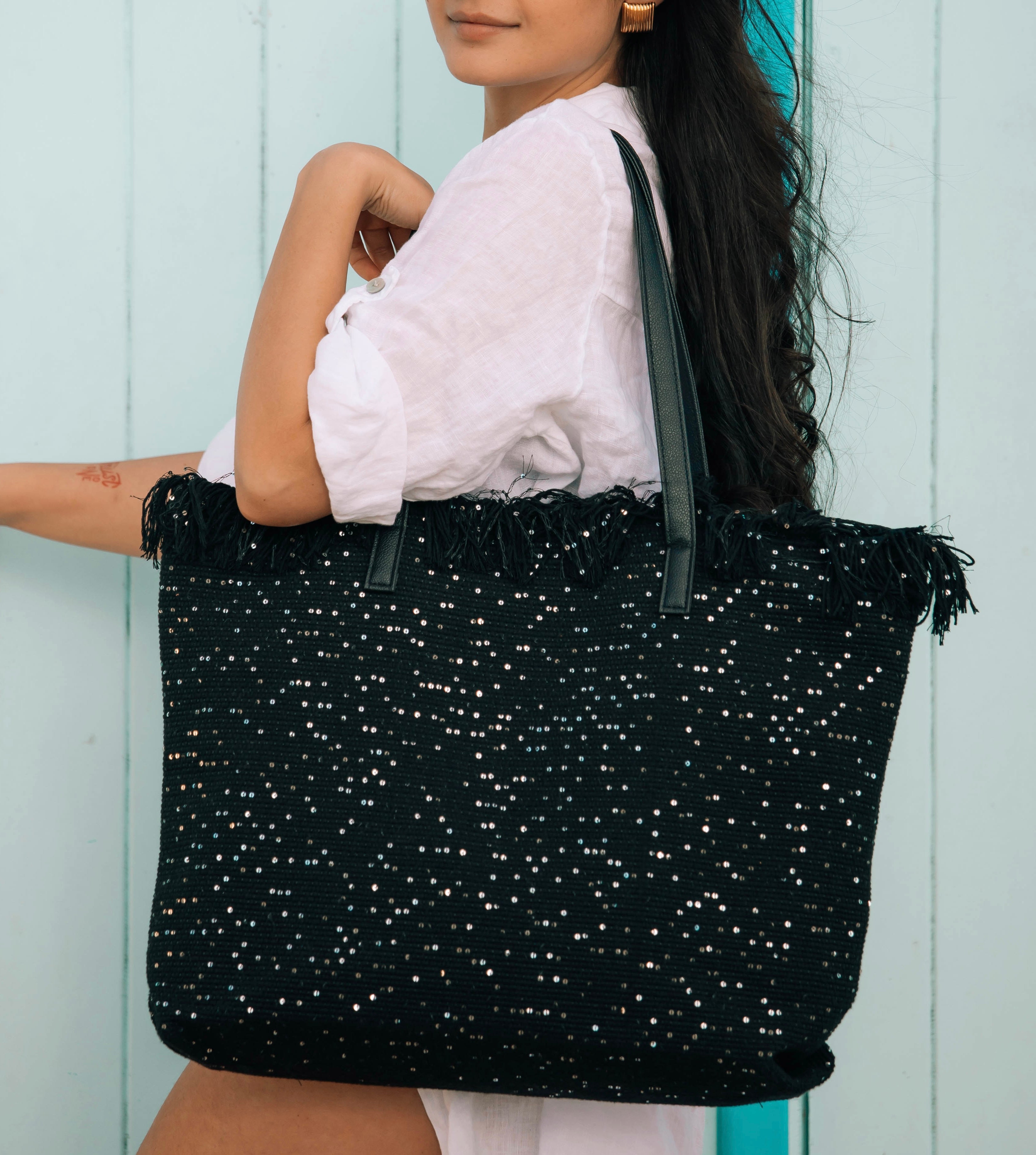 Borsa Shopper in Raffia con Paillettes